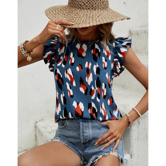 Clasi Blue Printed Blouse Women’s Large – Ruffle Trim Sleeve Top • EUC - Picture 2 of 9